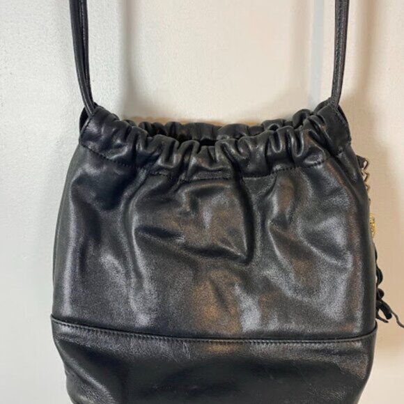 Gold Chain Tassel Women's Black Faux Leather Drawstring Crossbody Bag Small - Picture 4 of 7